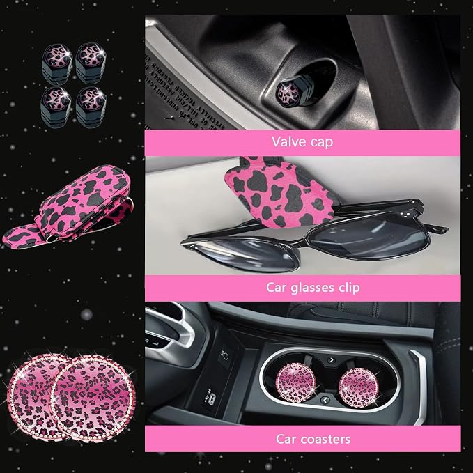24 Pcs Leopard Print Car Accessories,Including License Plate Frame,Rearview Mirror Decoration,Etc,Suitable for Sedan,SUV and Other,Cute Car Interior Set for Women (Pink)