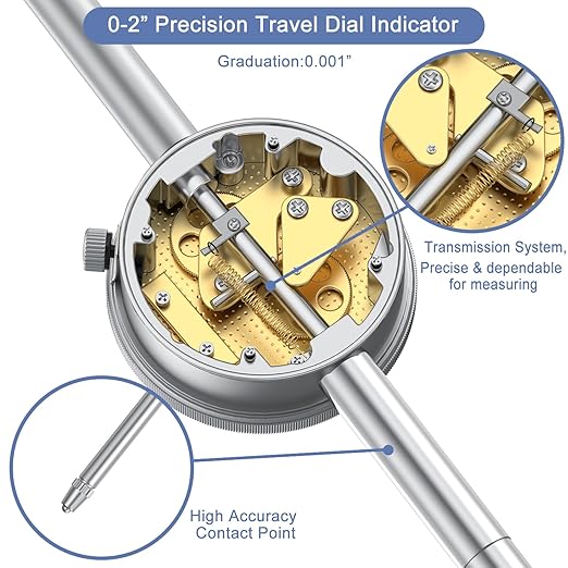 HDLNKAK 0-2" / 0.001" Precision Dial Indicator, with a 2" Measurement Range and 0.001" Graduation Interval, Ideal for Lathe Use, 3D Printing, Workshops, CNC Machine Tools, and Table Saws.