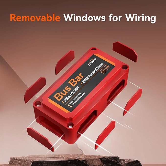 Litime 300A Bus Bar, Power Distribution Block with 4*M8 Terminal Posts, Max. DC 48V for Automotive, Marine, Solar Applications and Electrical System, Red