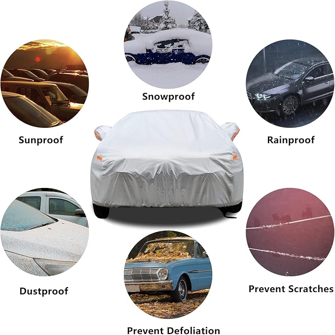 SEAZEN Car Cover 6 Layers, Waterproof Sedan Car Cover with Zipper Door, Snowproof/UV Protection/Windproof, Universal Car Covers Breathable Fabric with Cotton (185" to 200")