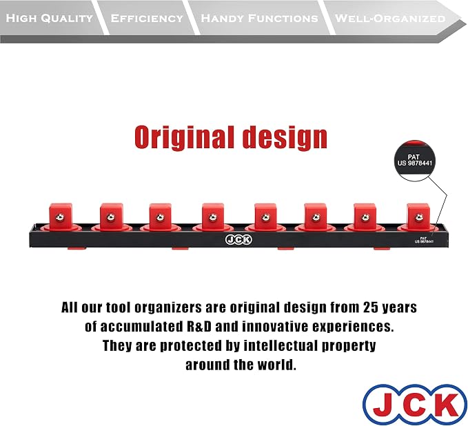 JCK Professional Quality Aluminum Socket Organizer (3/4" Socket) with special designed strip & 360 degree rotary positioning studs Red & Black for Metric/Imperial tool moveable secure socket storage