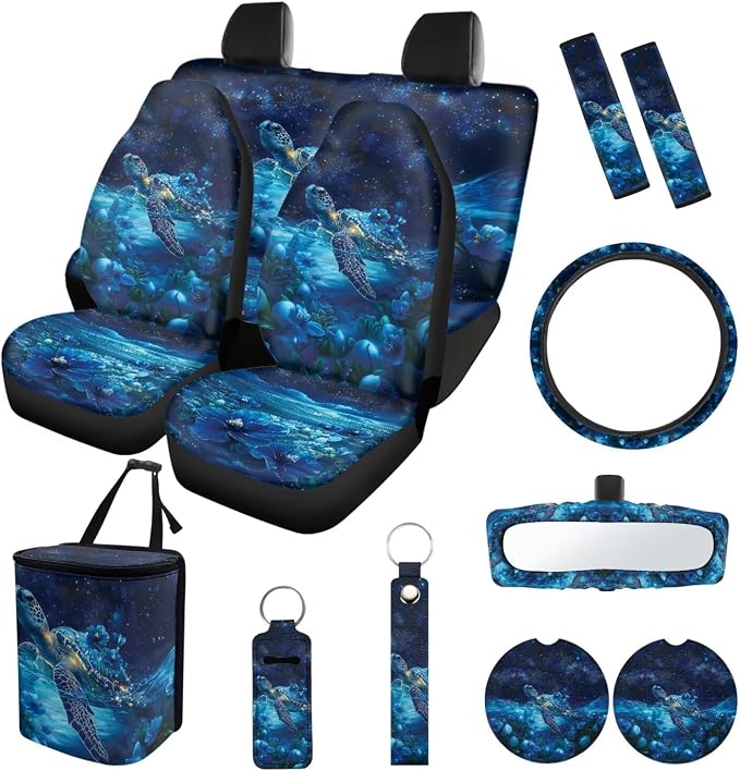 Suobstales Galaxy Turtle Flower Print 13 Pieces Car Accessories with 4 Car Seat Covers 1 Steering Wheel Cover 1 Trash Can 2 Seatbelt Cover 2 Coaster 1 Rearview Mirror Cover 2 Keychains Universal Fit