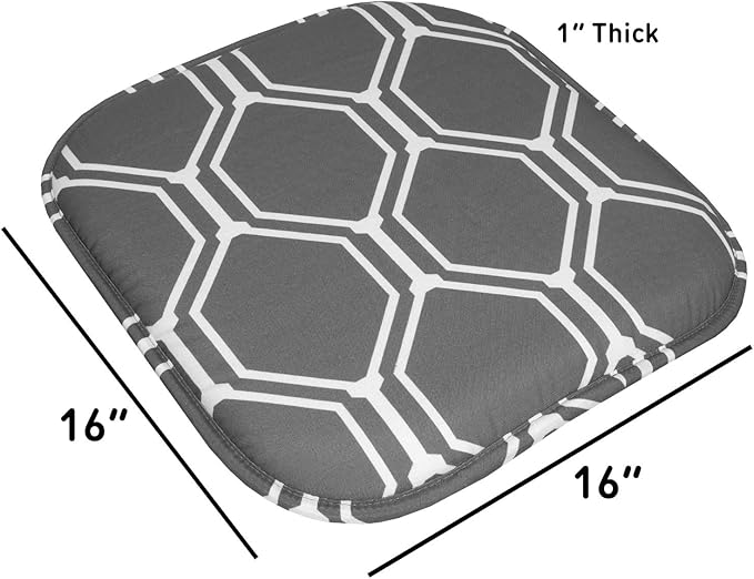 Sweet Home Collection Chair Cushion Memory Foam Pads Honeycomb Pattern Slip Non Skid Rubber Back Rounded Square 16" x 16" Seat Cover, Mirage Gray/White (Pack fo 3)