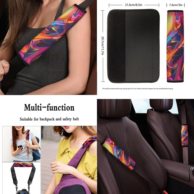 Colorful Fluid 13 Pack Car Seat Covers Full Set Boho Rainbow Fluid Painting Car Interior Accessories Hippy Gradient Paint Fit Auto SUV Trucks Seat Belt Shoulder