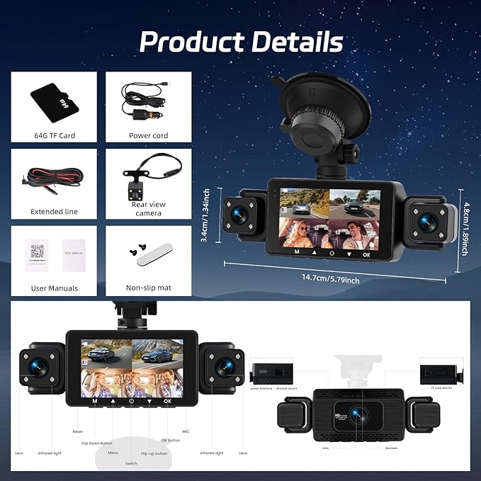 NHOPEEW 4 Channel Dash Cam, Front and Rear Inside Left Right, 3 inch IPS Screen Camera for Car Security 360, 5G WiFi & APP Control, 8 IR Night Vision, G-Sensor, Parking Mode, with 64GB TF Card