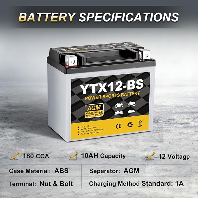 YTX12-BS Motorcycle Battery 12V 10Ah, 180 CCA Sealed AGM Rechargeable Maintenance Free Battery, Replacement for ATV, Scooter, 4 Wheeler, ETX12, GTX12-BS