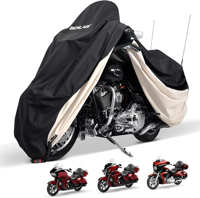 Benlari Waterproof Motorcycle Cover with Side Top Box Compatible with Harley Davidson Touring Ultra Limited Street Glide Road Glide Electra Glide Outdoor All Weather Protection, XL,116" x 47" x 53"