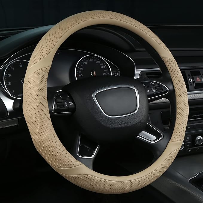 ALEMODR Buff Leather Steering Wheel Cover Universal 15 inch