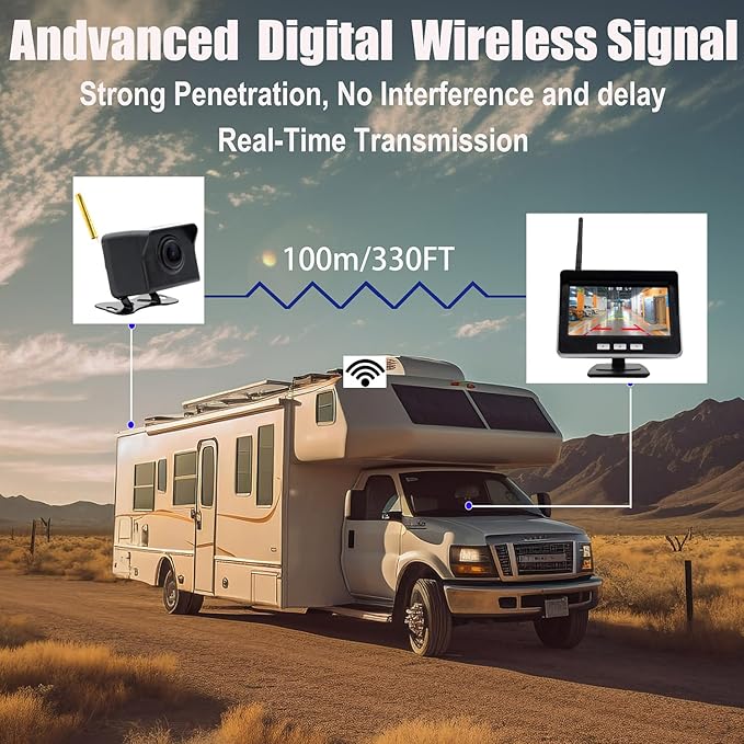 4.3-inch AHD IPS Monitor Mini Vehicle 720P Digital Wireless Backup Camera System IP69K Waterproof Wireless Reversing Camera Dash Camera for Truck Bus RV Trailer Car Truck Semi-Trailer