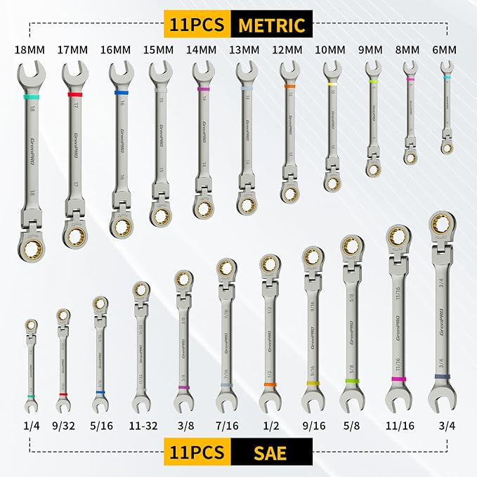 GRENPRO 23PCS Flex-Head Ratcheting Wrench Set, Combination Ratchet Wrenches Set Metric and Standard & SAE with Organizer Box, 6-18mm & 1/4" to 3/4" with Color Ring, Nickel Plating Socket Mechanic Tool