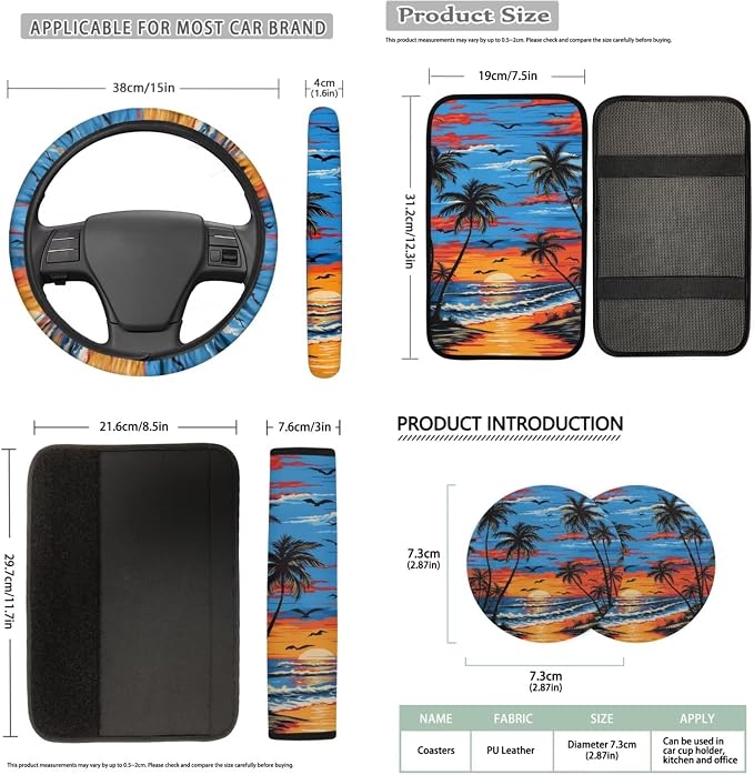 Bulopur Tropical Palm Tree Sunset Car Seat Covers Full Set with Matching Steering Wheel Cover Console Armrest Cover Car Accessories Seat Belt Covers Headrest Covers Car Interior Decor