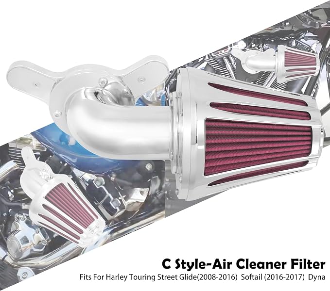 Motorcyle Air Cleaner Filter CNC 90° Forward-Facing Kit Fit for Harley Softail Touring Trike Sportster XL Dyna (Chrome Housing Red Element, C For Touring 08-16,Softail 16-17,Trike 08-16)