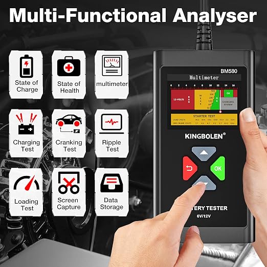 KINGBOLEN BM580 6V 12V Car Battery Tester, 100-2000CCA Voltage Tester, Precision Digital Auto Battery Analyzer, Loading/Charging/Starting System Tester for Cars SUV ATV Boats Motorcycles Vehicle
