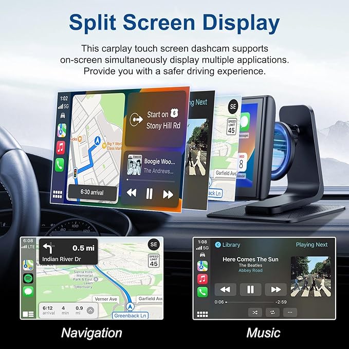 Portable CarPlay Screen for Car Wireless Car Play & Android Auto Touch Screen,7" HD,Landscape&Portrait,1080P Backup Camera GPS Navigation Music Voice Control Bluetooth AUX FM for All Vehicles