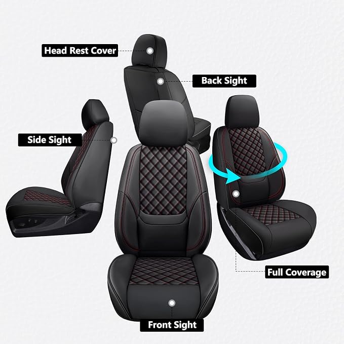 Wrangler Seat Covers 2007-2017 Front Pair, Waterproof Leather Interior Sets with Lumbar Support Custom Fit for Jeep Wrangler JK 2/4 Door Unlimited Sahara/Sport/Rubicon X 392 Willys, Black Red