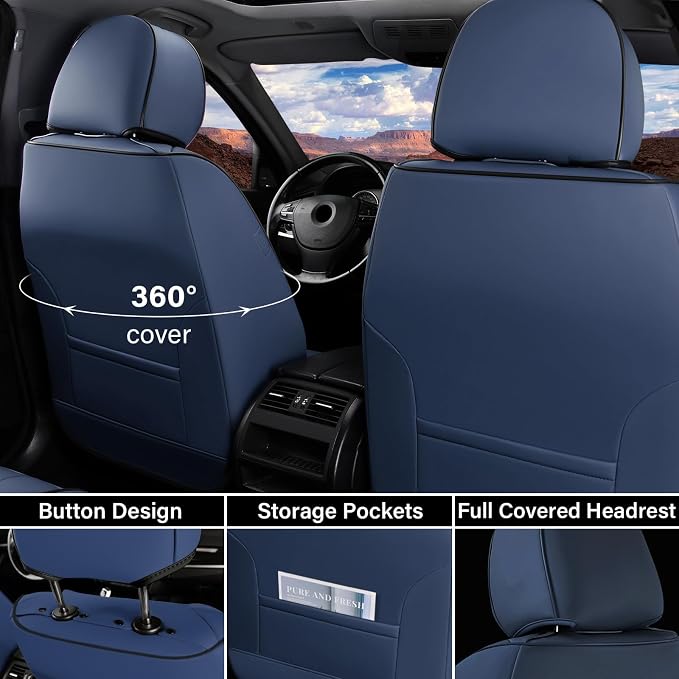 Coverado Car Seat Covers Full Set, Nappa Leather Seat Covers for Cars, Car Seat Cushion Car Seat Protector, Front and Back Seat Protectors Cushions Universal Fit for Most Cars Vehicles(Blue&Black)