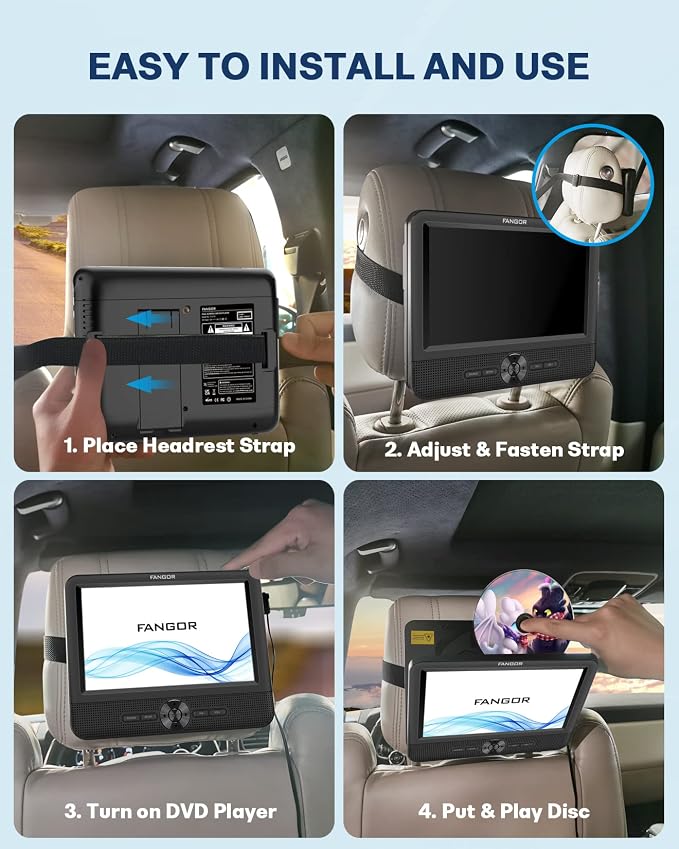 Car DVD Player Dual Screen, FANGOR 7.5 Inch DVD Player for Car Play The Same or Two Different Movies with Headrest Straps, Support Last Memory, AV Out/in, USB/SD Card, All Regions
