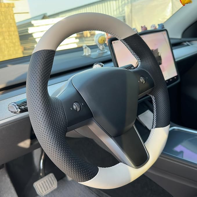 MEWANT DIY Hand Stitch Steering Wheel Cover for Tesla Model Y Model 3 Black Beige Faux Leather Steering Wheel Wrap