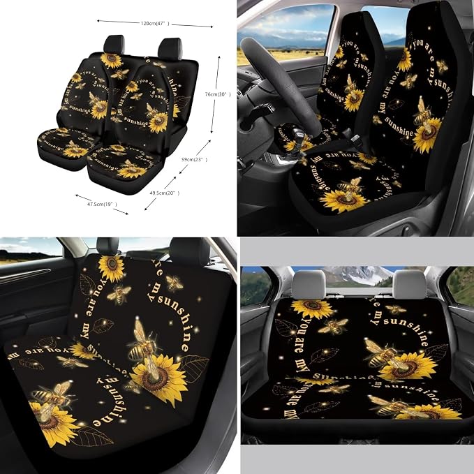 Xoenoiee Bee Sunflower Pattern Universal Car Seat Covers Full Set 11-pcs Car Interior Accessories, Car Coasters, Keychain, Steering Wheel Cover, Seat Belt Pad