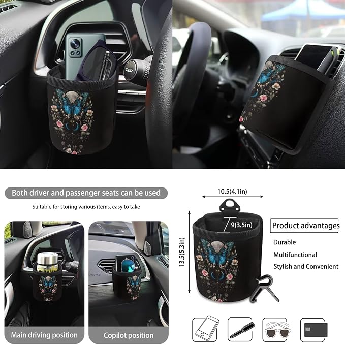 Butterfly Moon Daisy Rose Print Car Accessories Set of 10 Front and Back Seat Covers Cup Coasters Car Trash Bin Steering Wheel Cover Keychain Air Vent Storage Bag Univeral Fit