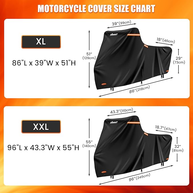 Motorcycle Cover Waterproof Outdoor,420D Motorcycle Cover Heavy Duty,Silver Nano Coating,5 Reflective Strips,2 Air Vents,3 Windproof Buckles,Lock Holes,Antenna Zipper 2XL(Black 96"x43.3"x55")