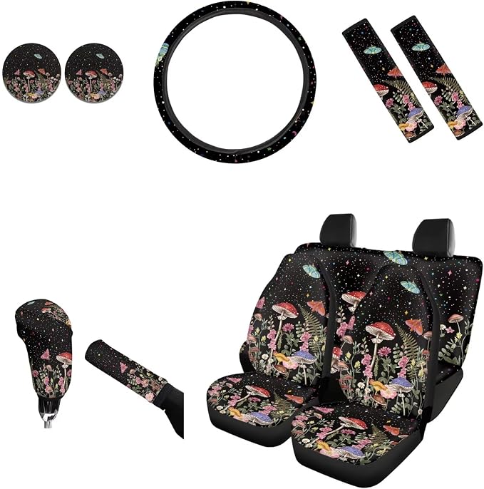 AFPANQZ Mushroom Car Accessories Auto Seat Cover Protection with Steering Wheel Cover/Gear Shift Knob Cover/Car Handbrake Cover/Seat Belt Shoulder Pads/Cup Holder Universal 11 Piece