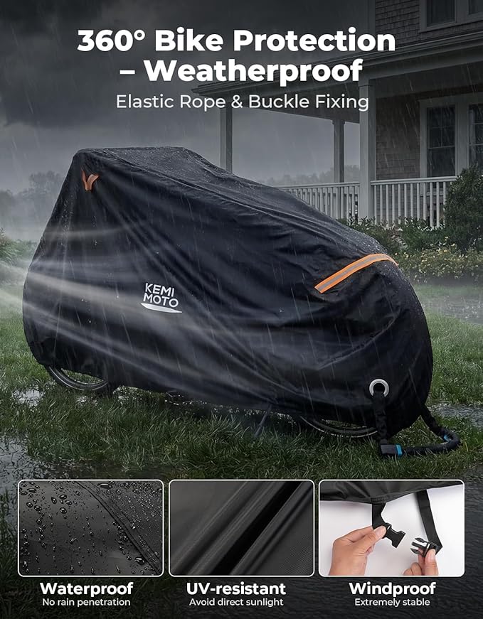 KEMIMOTO Bike Cover Outdoor, 420D Heavy Duty for Adult 2 Wheel Cargo Bicycles, Rain Covers for Storage Waterproof with UV & Wind Protection, Folding Extra Large Ebike Tarp for Outdoor Storage