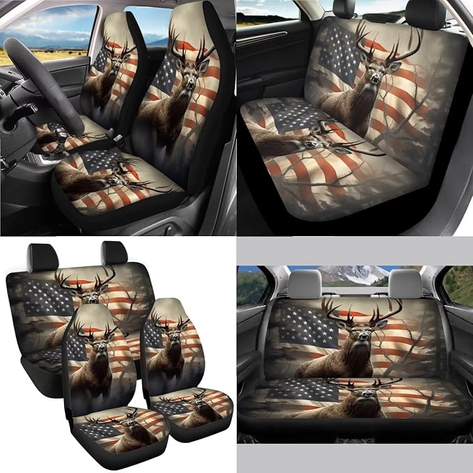 Deer American Flag Pattern Car Accessories Pack of 13, Auto Front and Rear Seat Cover Full Set, 1 Steering Wheel Cover, 4 Seat Belt Cover, 4 Cup Holder Coasters Universal Fit for Most Cars