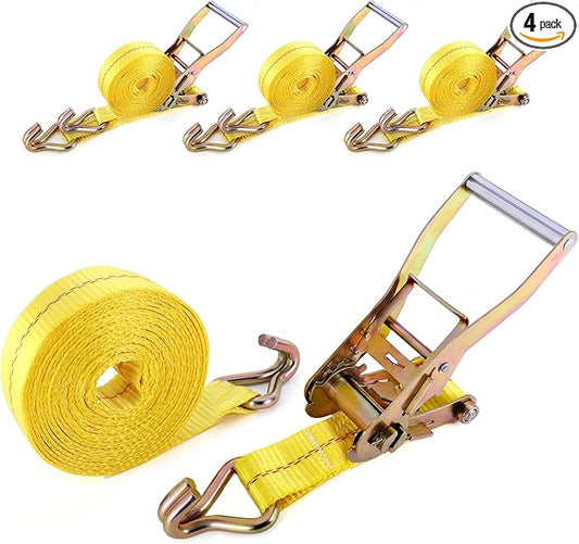 Heavy Duty 2" x 20' Ratchet Straps (4-Pack), 10,000 lbs Break Strength, High Visibility Yellow Tie Down Straps with Locking J-Hooks for Trailers, Trucks, Heavy Equipment, and Moving Appliances