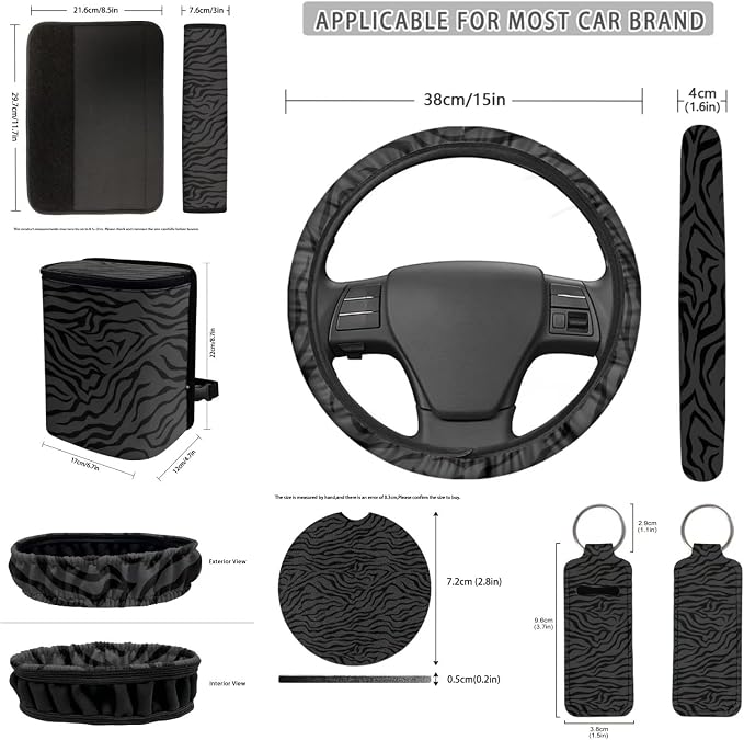Black Zebra Car Seat Covers Set of 12 Steering Wheel Cover Seat Belt Pads Car Trash Can Car Rear View Mirror Cover Car Cup Coasters Universal Vehicle Accessories Car Interior Automotive