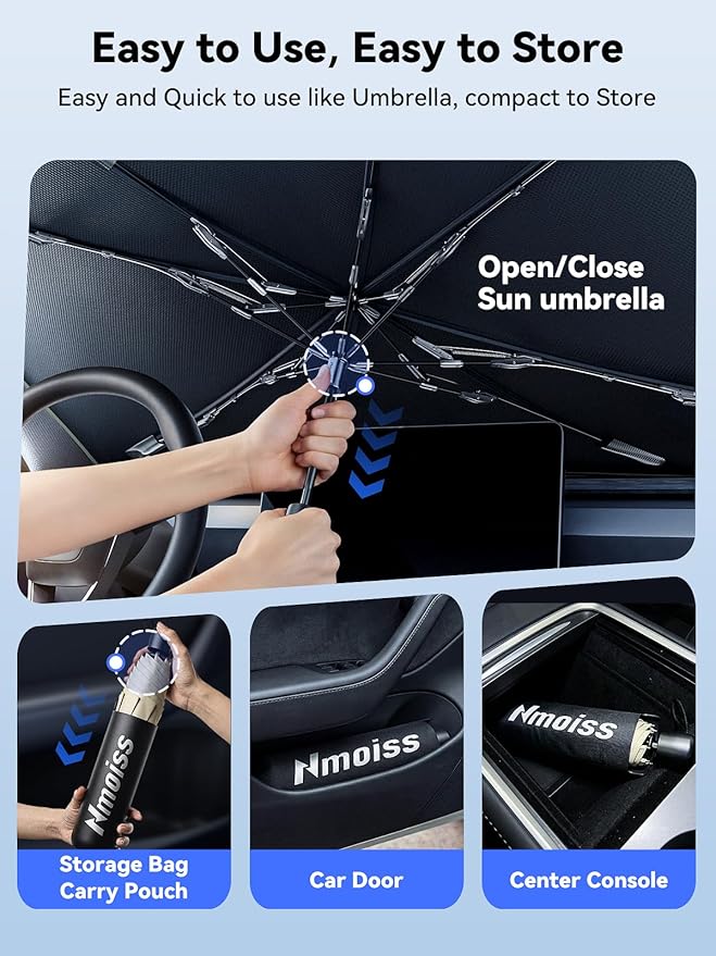[2026 Upgraded] Nmoiss Windshield Sun Shade Umbrella for Mustang - [Vinyl Coating Heat Shield] Protect Car from Sun Rays & Heat Damage Keep Cool and Protect Interior, Spring Structure Edge