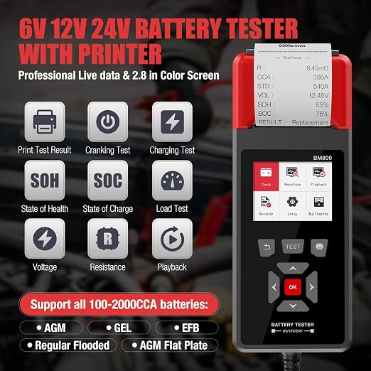 OBDResource Professional Car Battery Tester with Printer 6V 12V 24V 100-2000CCA Digital Battery Voltage Tester for Automotive Standard, Cranking, Charging & Load Test, BM800 Battery Load Tester