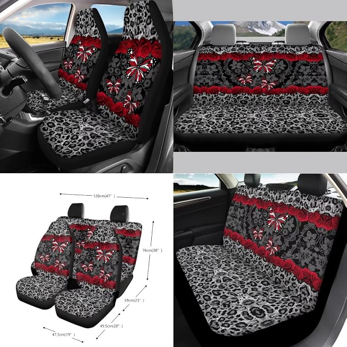 Leopard Butterfly Rose Floral Print Car Seat Cover Set of 15 Steering Wheel Covers Seatbelt Strap Pad Garbage Cans Air Vent Storage Holder Rear View Mirror Cover Cup Holder Key Chain