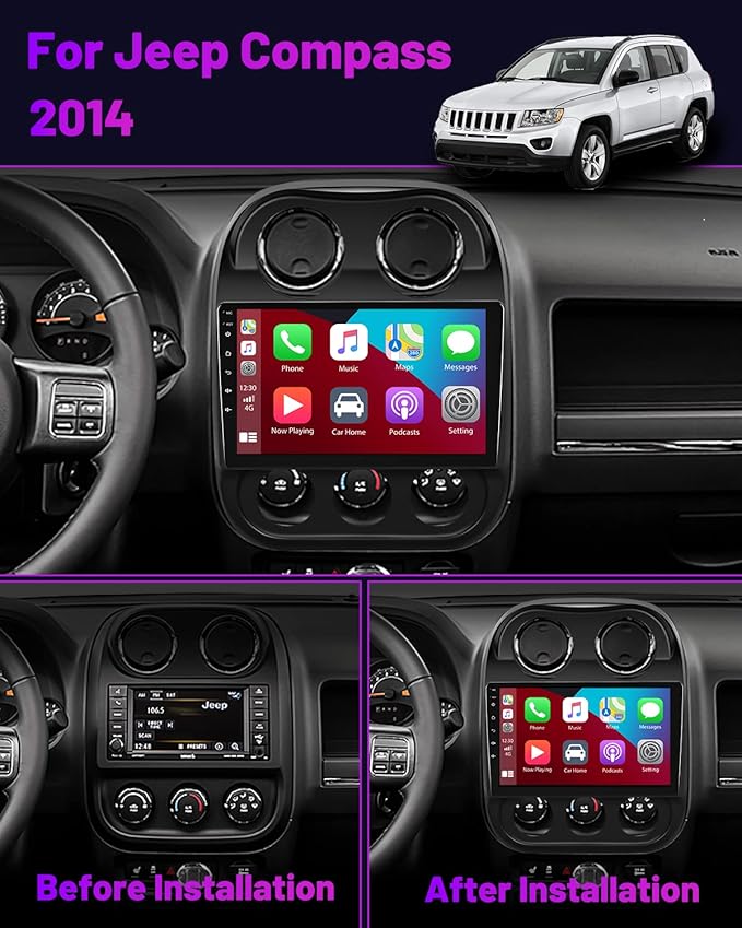Android 15 Car Stereo for Jeep Compass Patriot 2010-2016, 10.1 inch with Wireless Apple Carplay Android Auto, GPS Navigation, WiFi, HiFi, Bluetooth, FM, SWC, Jeep Compass Radio with Mic, Backup Cam