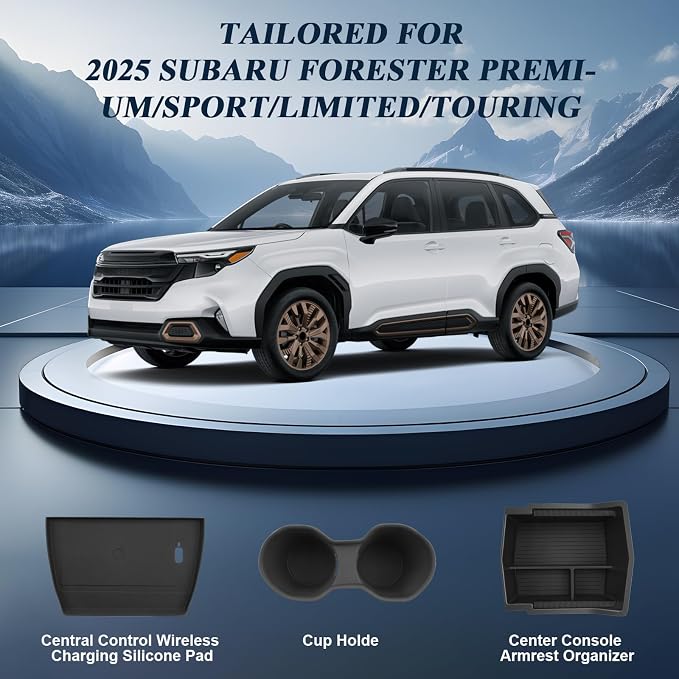 BIBIBO for 2025 Subaru Forester Center Console Organizer 2025 Subaru Forester Console Armrest Tray+Cup Holder +Wireless Charging Mat 2025 Forester Insert Organizer 2025 Forester Accessories