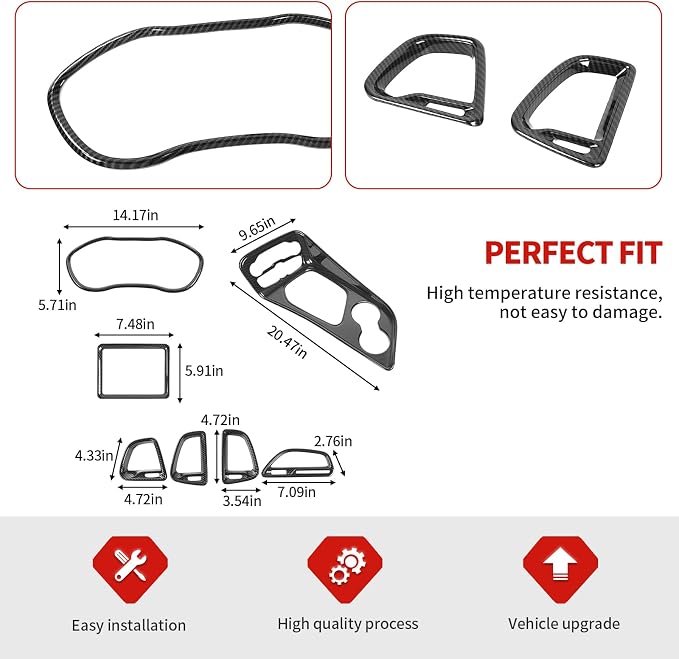 Jimen Fit for Dodge Challenger 2015-2023, 7PCS Carbon Fiber Interior Kits - Dashboard Cover, Center Console Air Outlet AC Vent Trim, Navigation Screen Panel, Gear Shift Panel