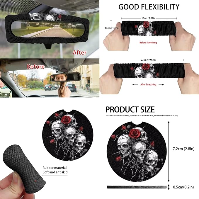 15 Pcs Rose Skeleton Car Seat Covers Full Set for Women Goth Car Accessories Interior Car Steering Wheel Cover Seatbelt Covers Trash Bin Rear View Mirror Cover Cup Holders Keychain