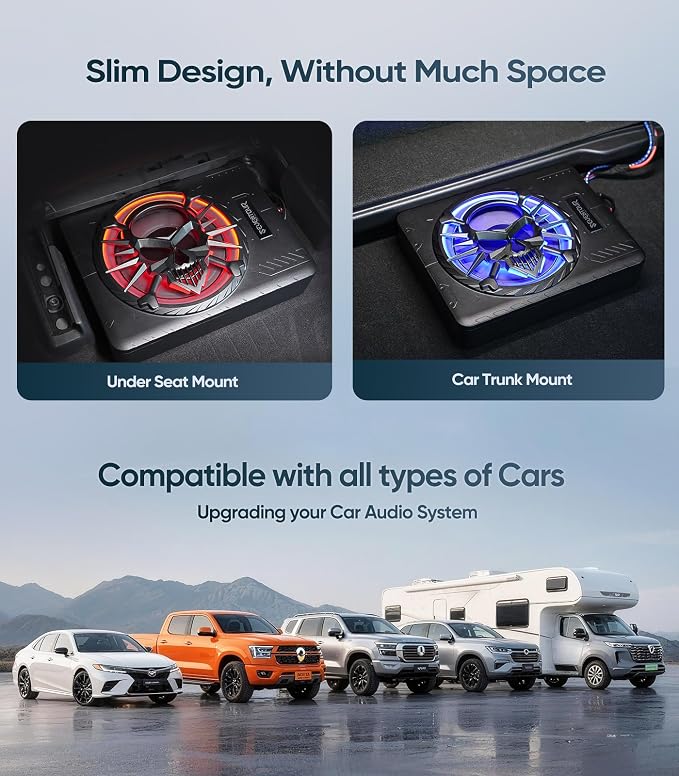 Seventour 10" 1200W Slim Under Seat Powered Car Subwoofer, Car/Truck Audio Sub Built in Amplifier amp Combo, with LED Ambient Light (Subwoofer + Mounting Wire Kit)