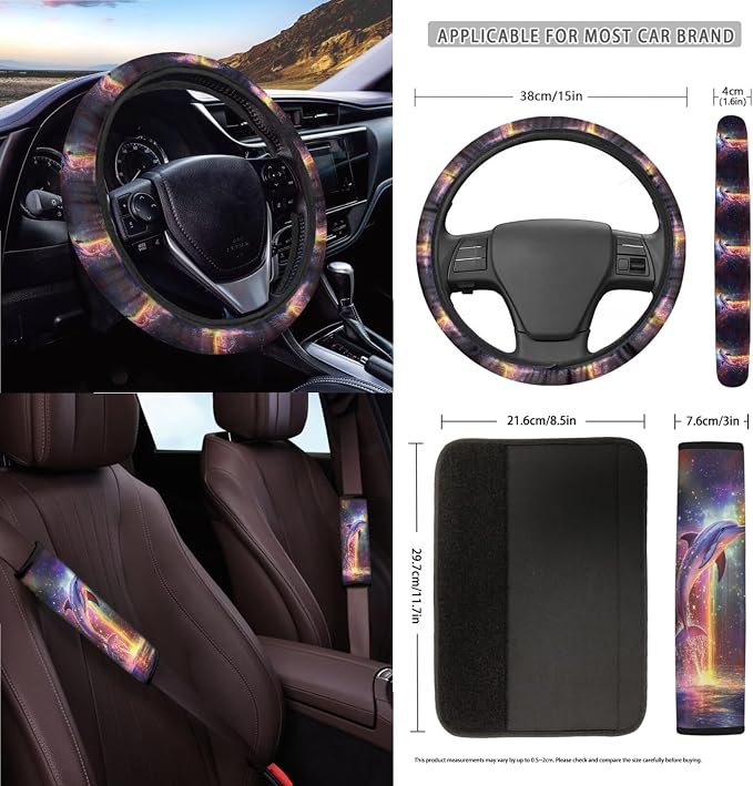 Dolphin Sea Galaxy Print 15 PCS Auto Interior Sets with Front and Rear Seat Covers, Steering Wheel Cover, Seat Strap Pads, Trash Can, Coasters Keychain and Air Vent Storage Bag