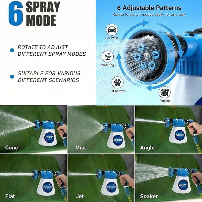 Foam Sprayer for Garden Hose, 2-in-1 Dog Wash Sprayer & Car Foam Cannon, Adjustable Soap Dispenser Gun with 6 Spray Patterns for Pet Bathing, Horse Grooming, Window Cleaning & Plants