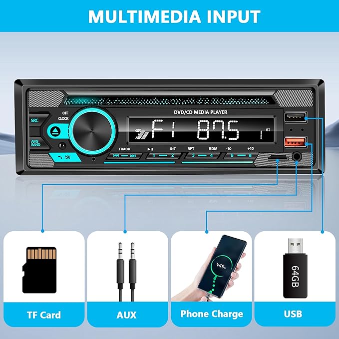 Single Din Car Stereo with CD/DVD Player – Upgrade Your Classic Car with Bluetooth, USB, AUX, SD Card, FM, MP3, Selectable RCA Output, Apple & Android Compatible