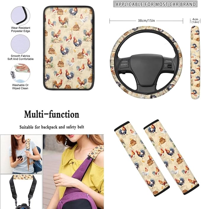 Mumeson Vintage Rooster Car Accessories Full Set of 8pcs Car Seat Covers with Seat Belt Pads, Steering Wheel Cover, Car Armrest Cushion Auto Interior Protector Covers Decor