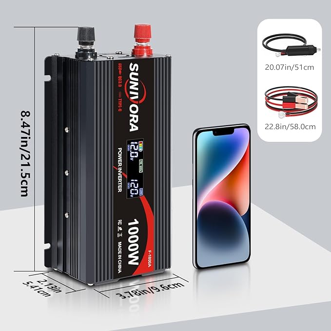 1000 Watt Car Power Inverter 12V DC to 110V/120V AC Converter 2000W Peak with LCD Display, 2 AC Outlets & PD Type-C & USB 3.0, Car Plug in Adapter Outlet Supplies Power to Appliances on Car Boat