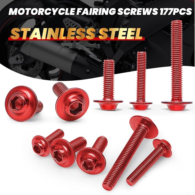177Pcs Motorcycle Fairing Bolt Kit Red, M5 M6 Stainless Steel Windscreen Screws Fastener Clips Universal Fit for Kawasaki Suzuki Honda Yamaha BMW Ducati GSXR Sportbike Motorcycle