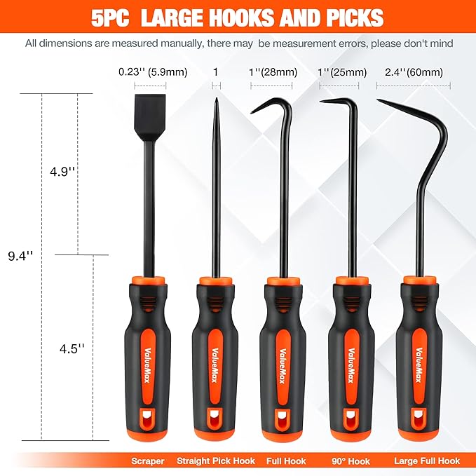 ValueMax 10-Piece Precision Hook and Pick Set with Scraper, Magnetic Telescoping Pick Tool, Removal Puller Hooks for Automotive and Electronic Tools, Car Auto Hoses, Oil Seal/O-Rings, Gaskets