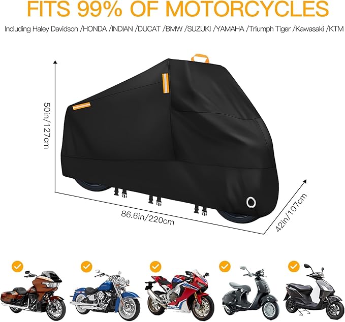 300D Heavy Duty Motorcycle Cover - All Season Waterproof Outdoor Protection with Lock-Holes, Night Reflective & Storage Bag Fits up to 86.6" Cruiser, Touring, Sportbike, Dirt Bike, Scooter