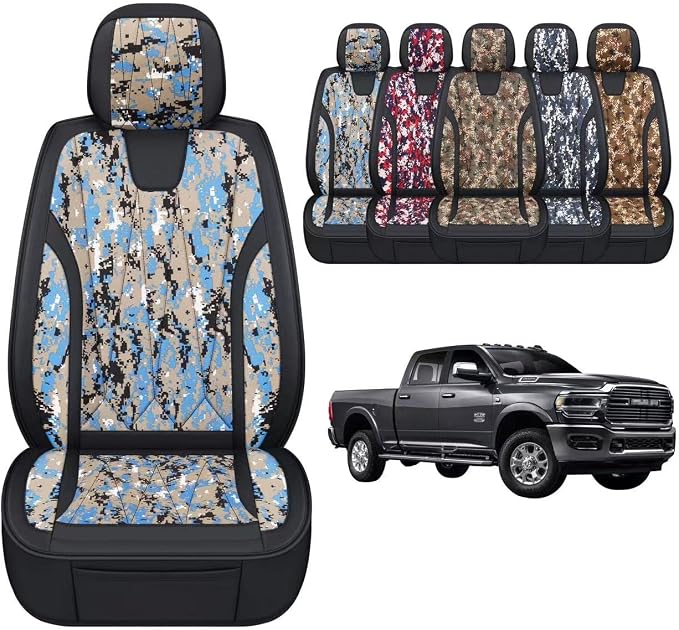 GXT Dodge RAM Seat Cover Full Set Fit for Select 2013-2021 Dodge RAM 1500 2500 3500 Pickup Truck, Waterproof Synthetic Leather Car Seat Cover and Cushion (Camouflage White)