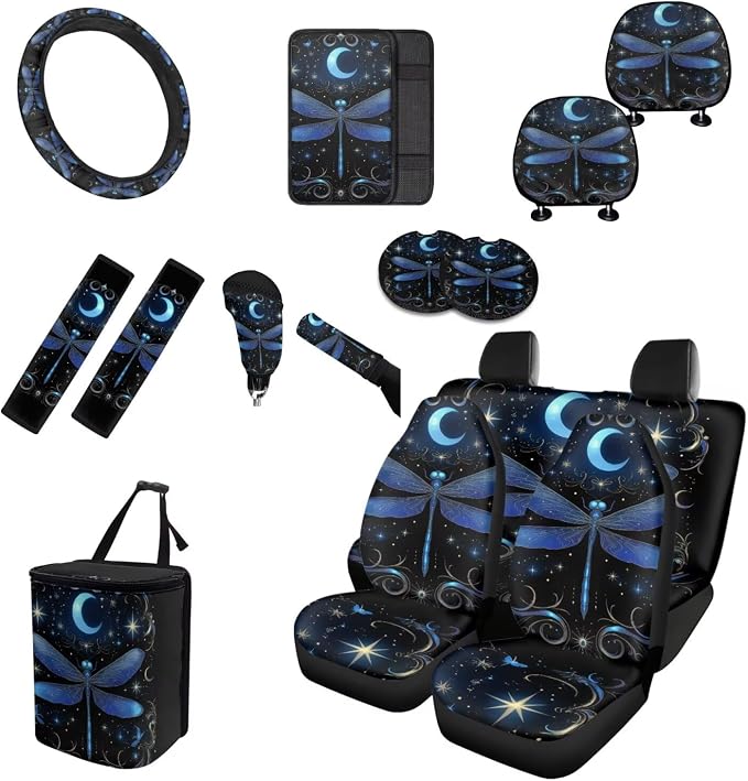 Moon Dragonfly Car Seat Covers Full Set 15 Pcs Universal Car Accessories Steering Wheel Cover Seat Belt Pads Garbage Bag Car Headrest Pillow Covers Armrest Pad