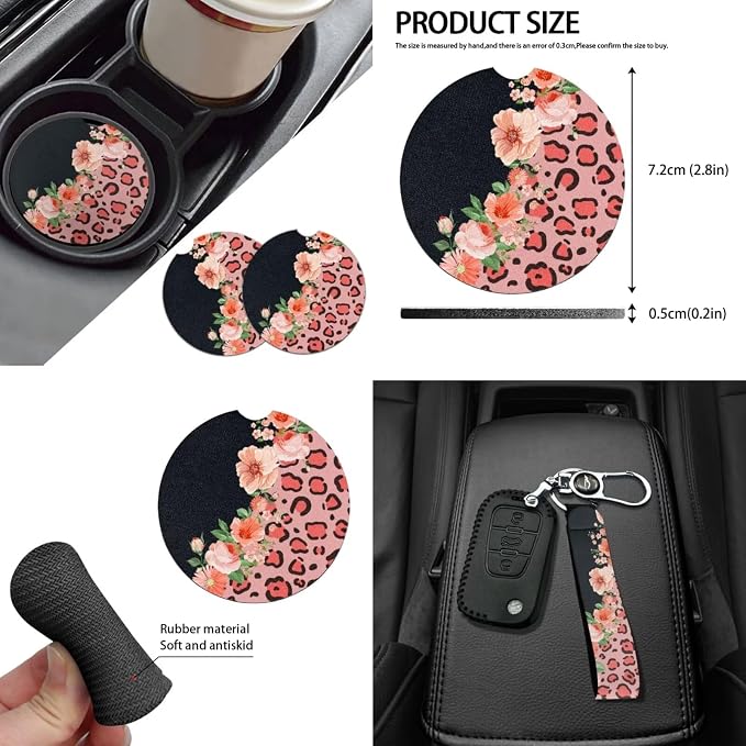 Pink Flower and Leopard Car Seat Cover Full Sets Leopard Car Accessory Cute Floral Auto Steering Wheel Covers Car Rear View Mirror Covers Wristlet Keychains Leopard Coaster Car Protectors Set