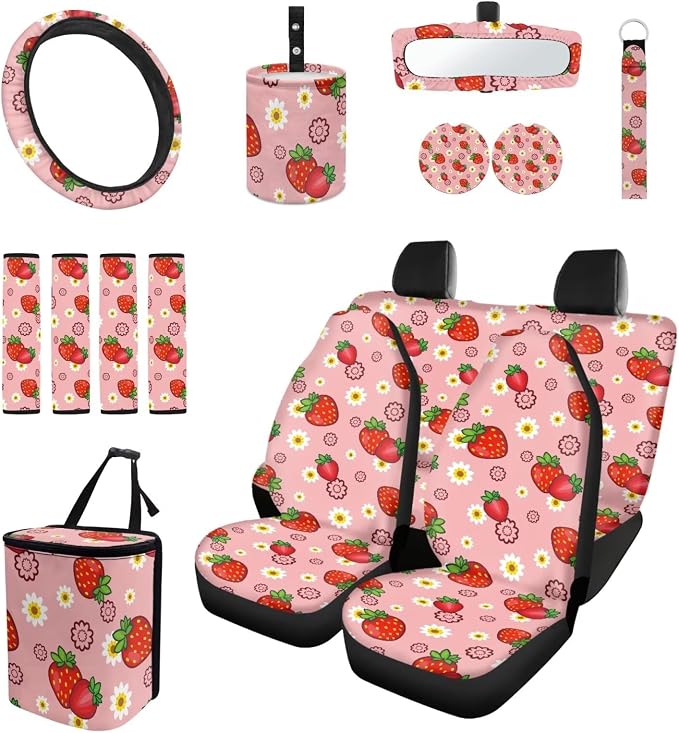 Strawberry Floral 15 PCS Car Seat Cover Set with Auto Steering Wheel Cover Seat Belt Strap Protector Cup Holder Trash Bag Rear View Mirror Protector Keychain